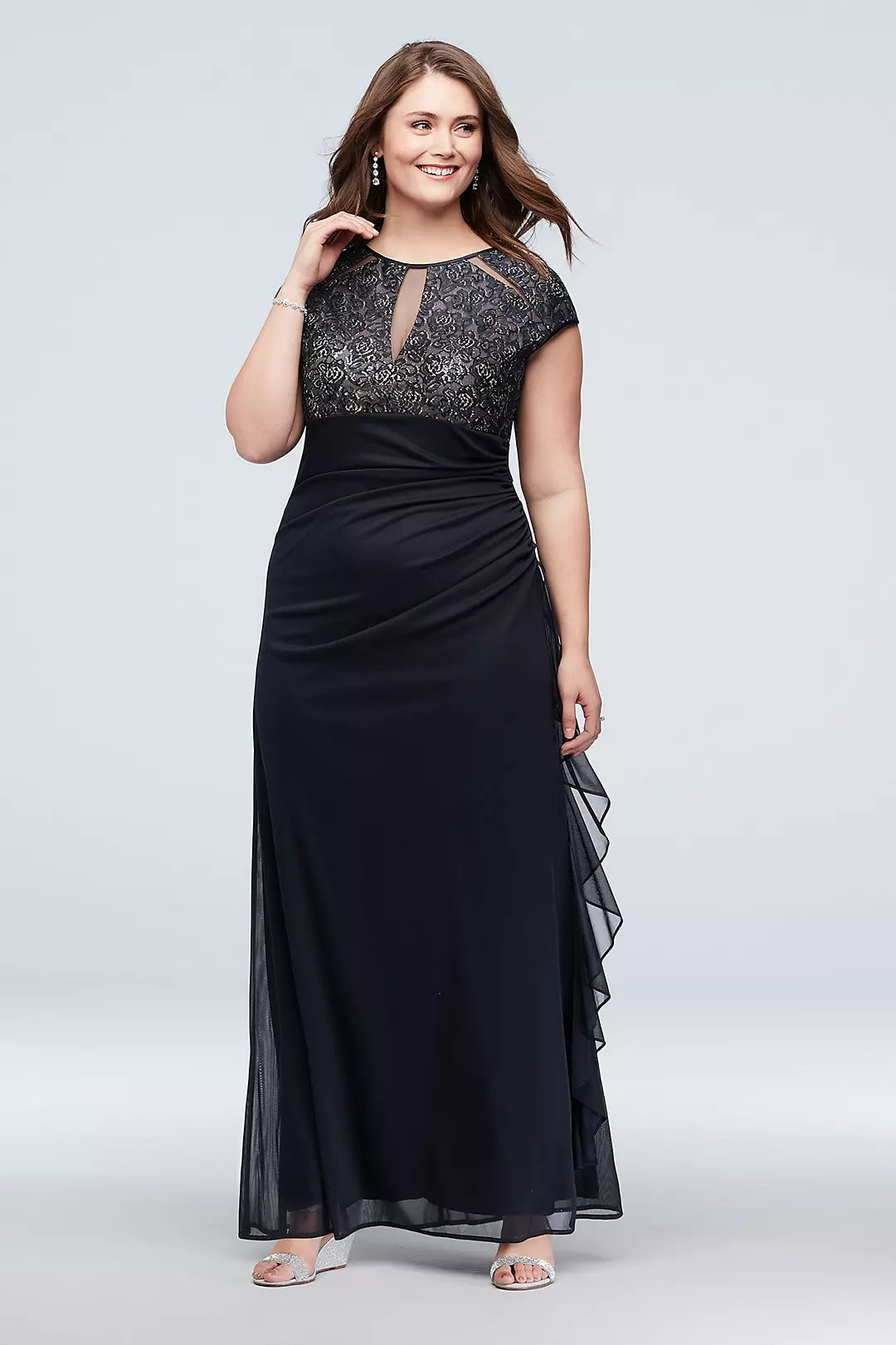 Lace Bodice Keyhole Gown with Mesh Ruched Cascade Image