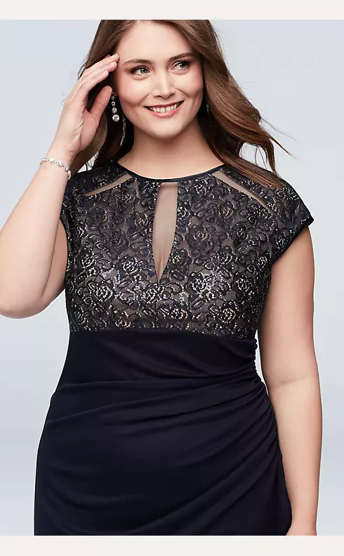 Lace Bodice Keyhole Gown with Mesh Ruched Cascade Image 3