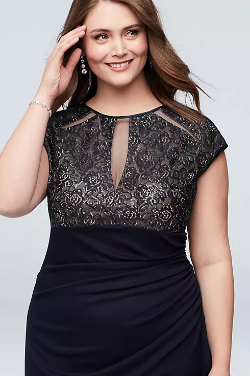 Lace Bodice Keyhole Gown with Mesh Ruched Cascade Image 3