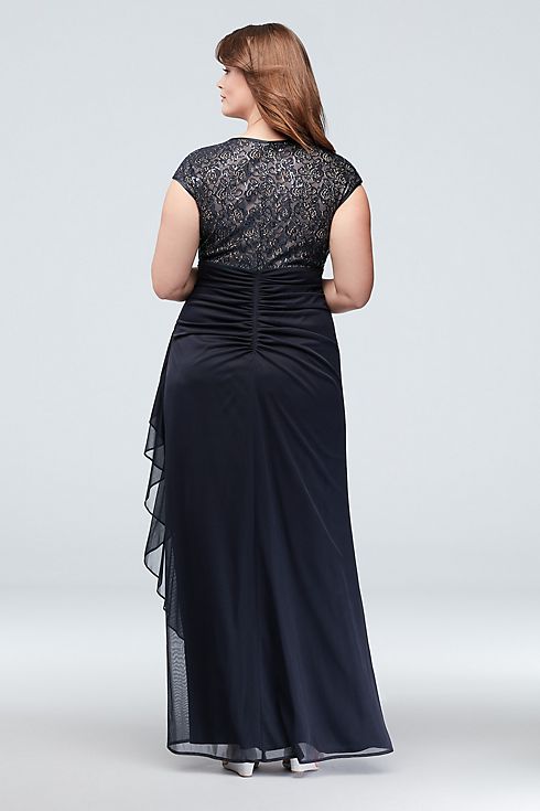 Lace Bodice Keyhole Gown with Mesh Ruched Cascade Image 4