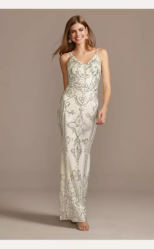Sequin Damask Pattern Spaghetti Strap Gown Image 1