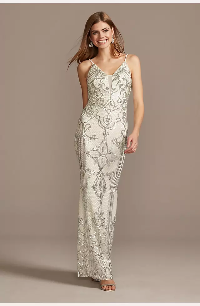 Sequin Damask Pattern Spaghetti Strap Gown Image