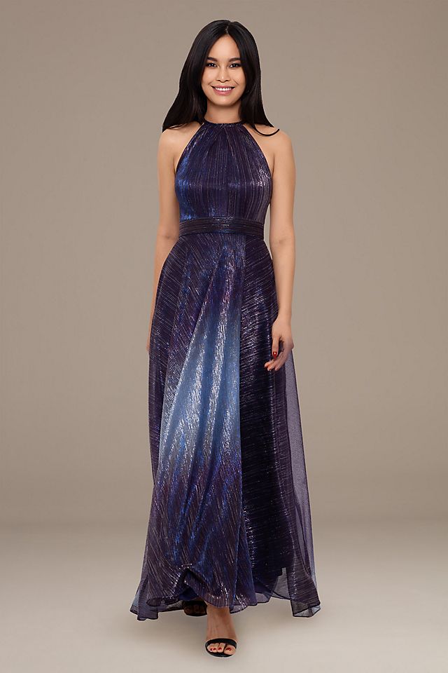 Ombre Metallic Halter A-Line Prom Dress Image 2