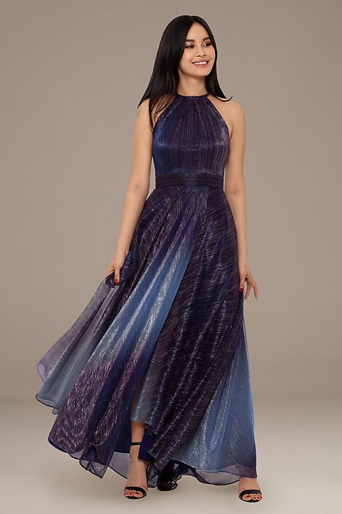Ombre Metallic Halter A-Line Prom Dress Image 3