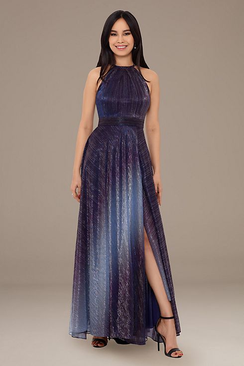 Ombre Metallic Halter A-Line Prom Dress Image 1