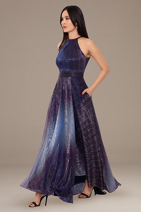 Ombre Metallic Halter A-Line Prom Dress Image 4