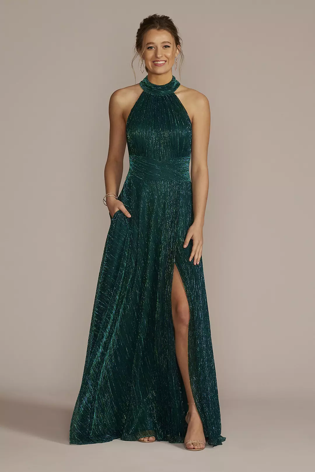 Metallic Knit Halter Gown with Open Back Image