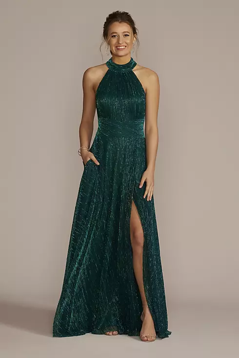 Metallic Knit Halter Gown with Open Back Image 1