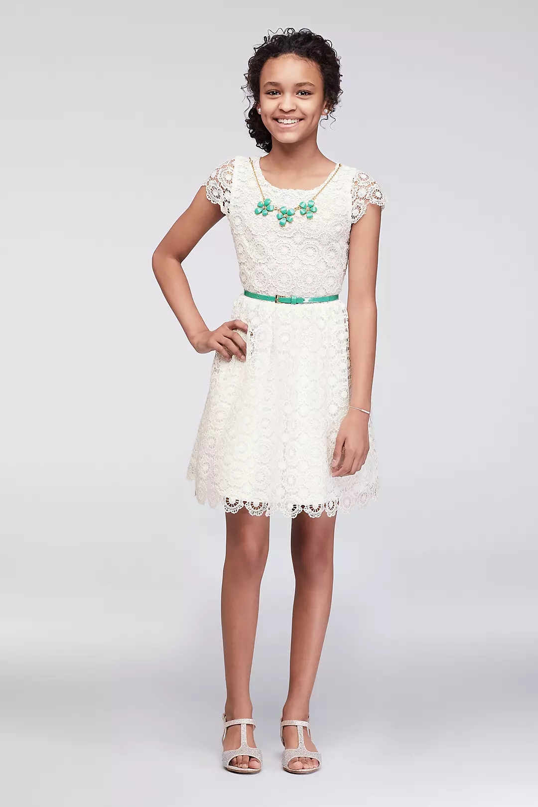 Cap Sleeve Lace Dress with Necklace and Belt Image