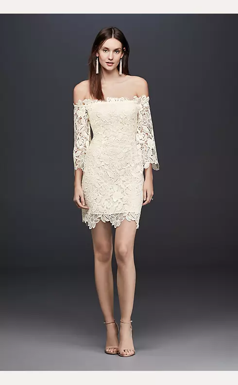 Off-The-Shoulder Short Lace Dress with 3/4-Sleeves Image 1