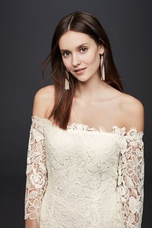 Off-The-Shoulder Short Lace Dress with 3/4-Sleeves | David's Bridal