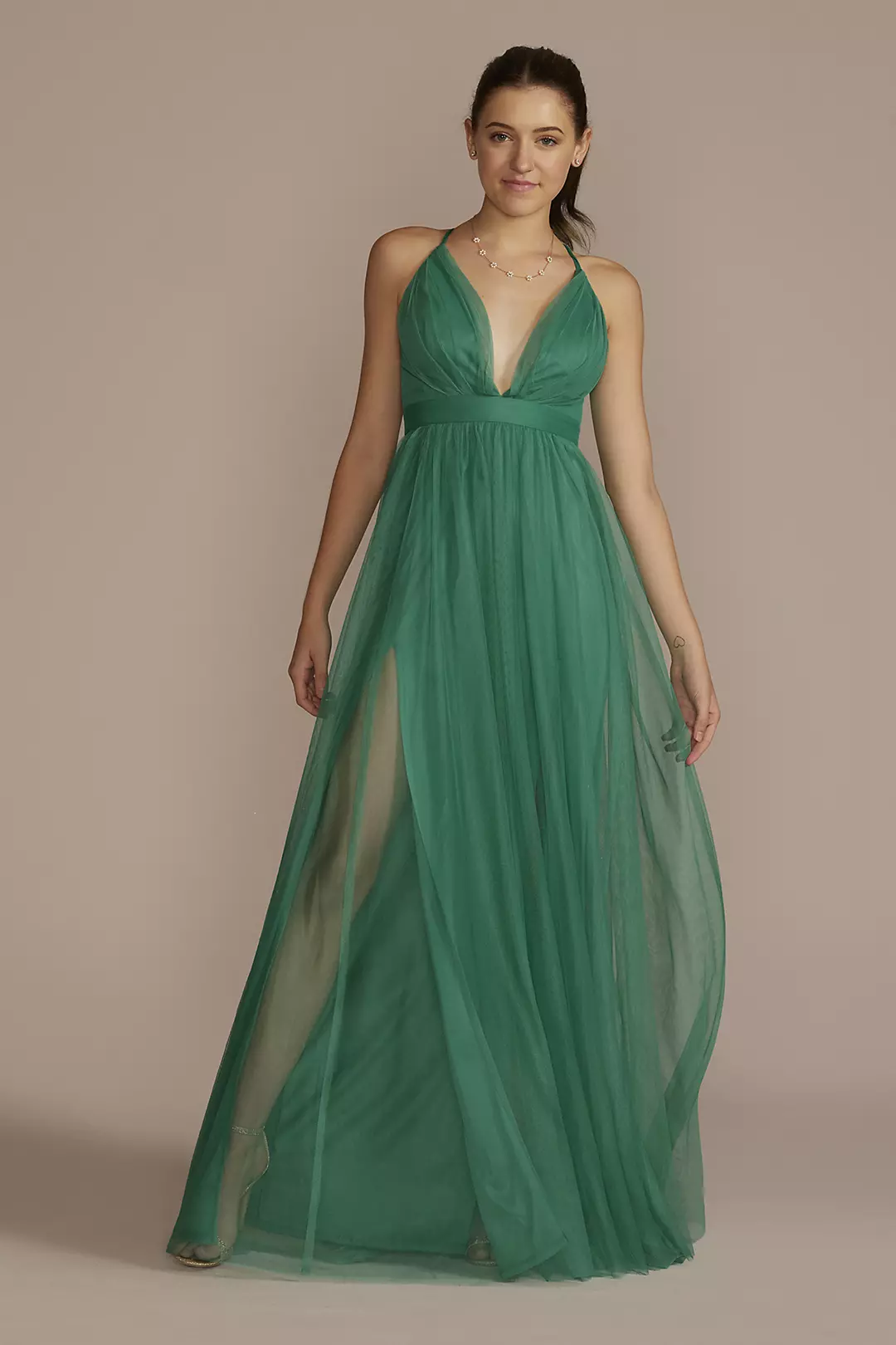 Tulle Dress with Plunge Neckline and Open Back