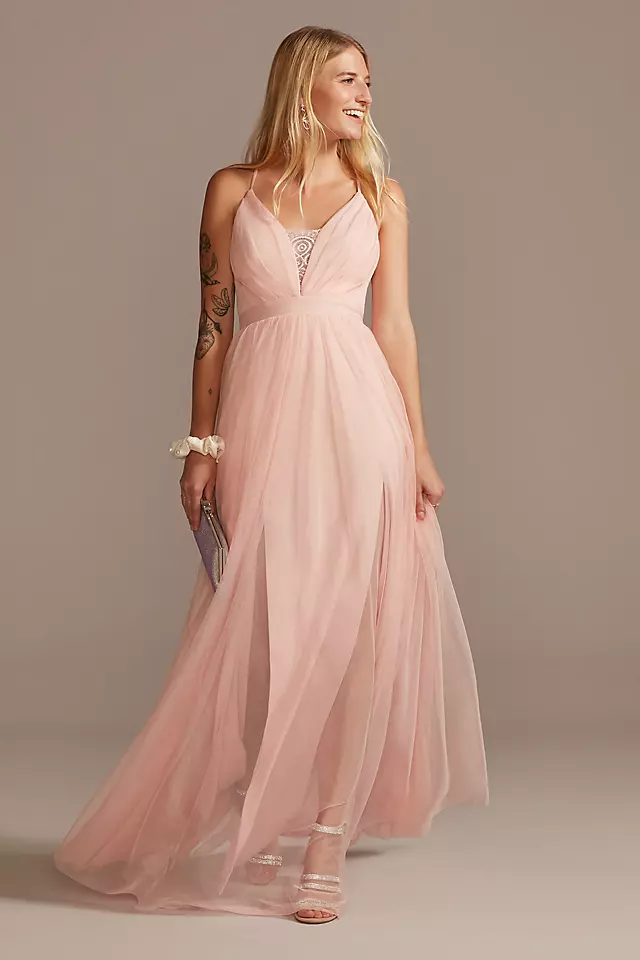 Tulle Illusion Plunge Spaghetti Strap A-Line Gown | David's Tulle Illusion Plunge Spaghetti Strap A-Line Gown | David's