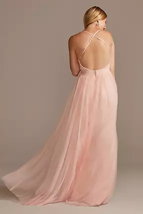 Tulle Illusion Plunge Spaghetti Strap A-Line Gown | David's Tulle Illusion Plunge Spaghetti Strap A-Line Gown | David's