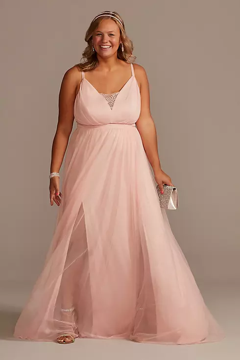 Tulle Illusion Plunge Spaghetti Strap A-Line Gown Image 1