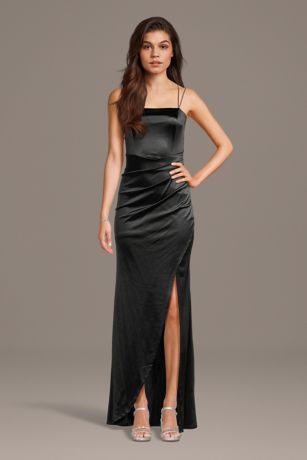 Double Strap Satin Square Neck Dress with Slit | David's Bridal