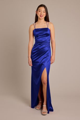 Square Stretch Satin Dress with Slit Ink Blue