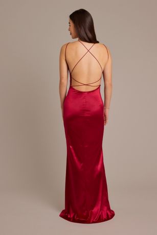 Double Strap Satin Square Neck Dress with Slit | David's Bridal