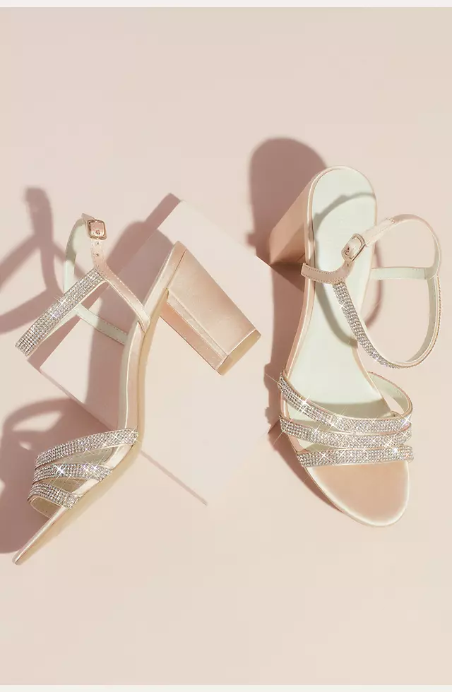Satin Block Heel Sandals with Pave Crystal Straps Image