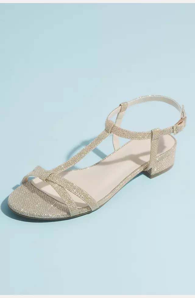 Glitter T-Strap Sandals with Low Block Heel Image