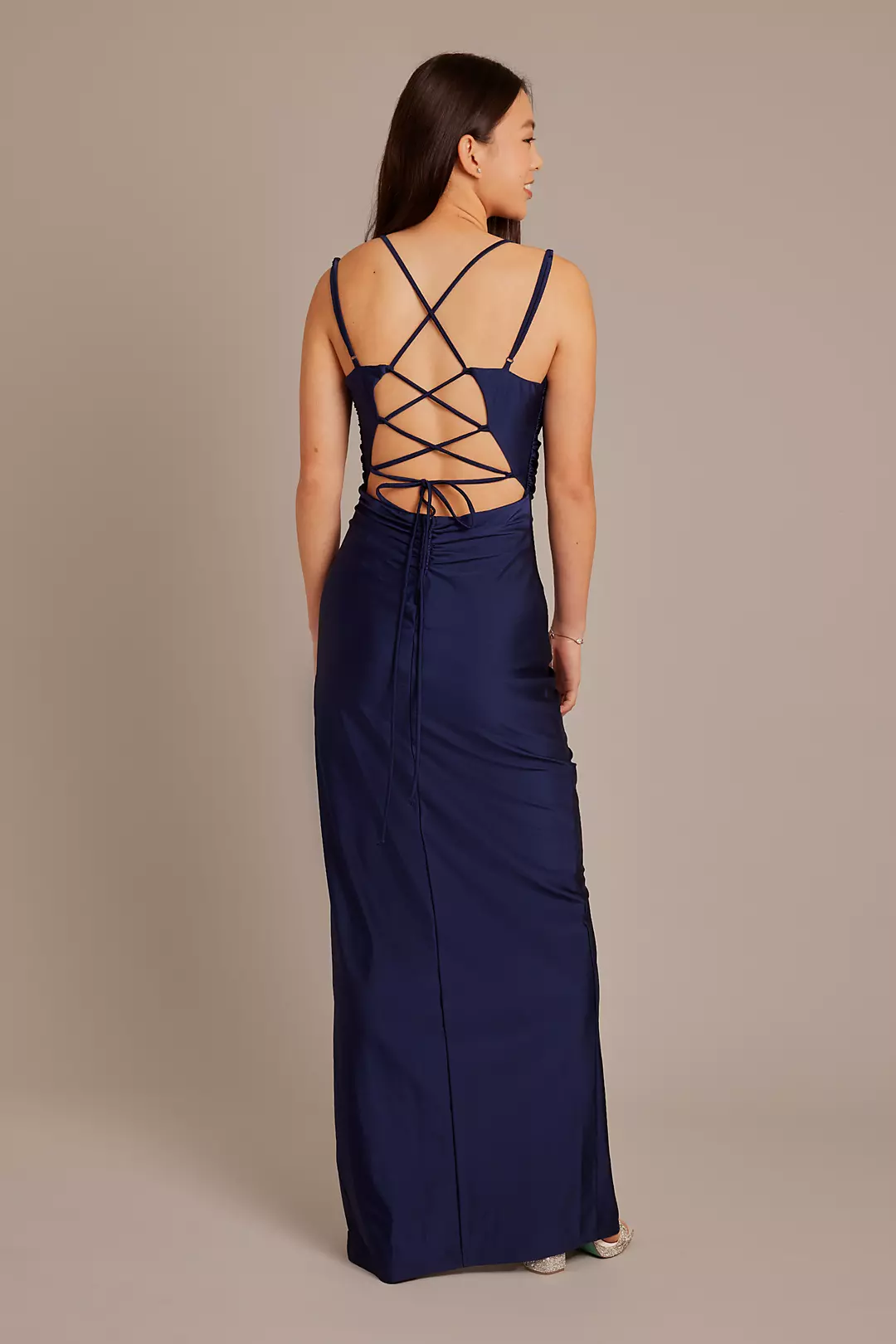 Scoop Neck Ruched Sheath Dress with Slit | David's Bridal Scoop Neck Ruched Sheath Dress with Slit | David's Bridal