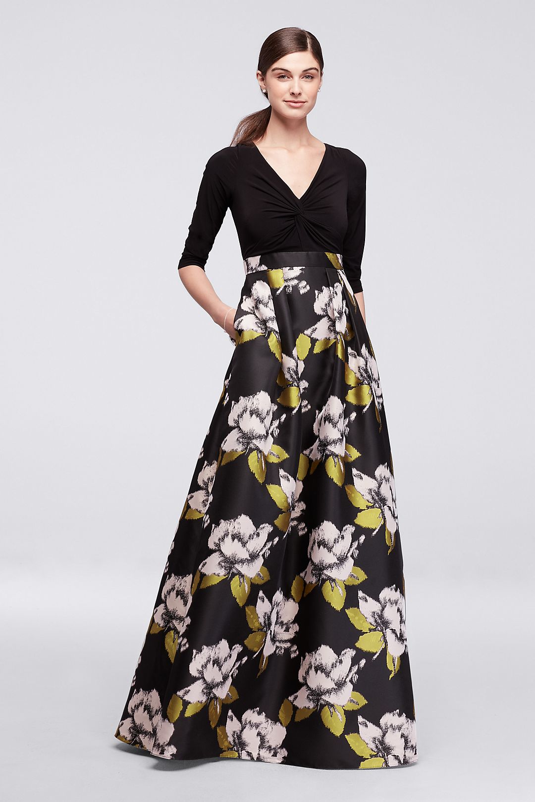 Long Dress with Bold Floral Skirt and 3/4 Sleeves Image 1