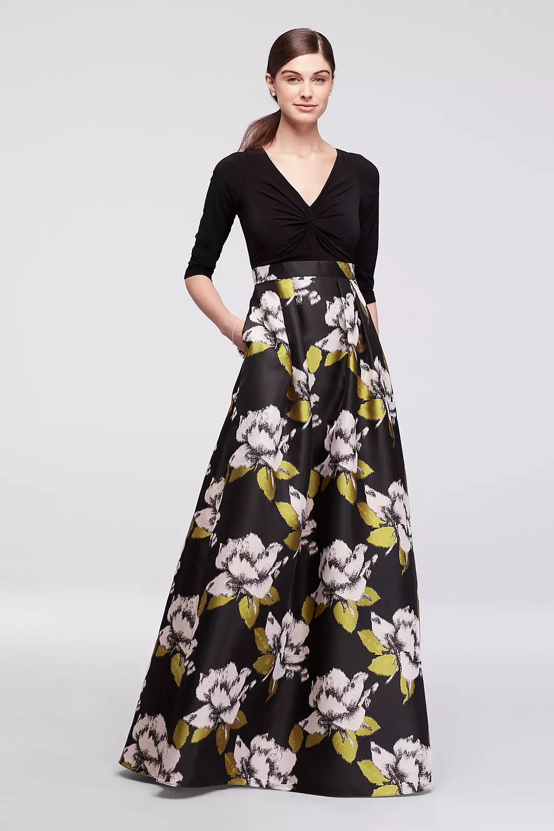 Long Dress with Bold Floral Skirt and 3/4 Sleeves Image