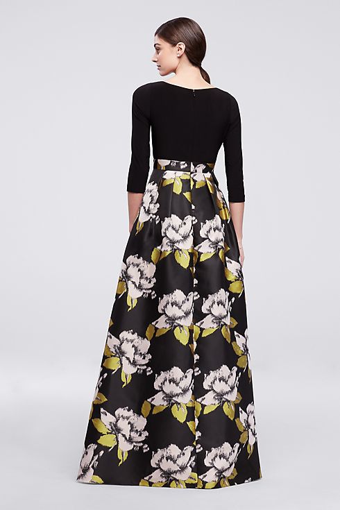 Long Dress with Bold Floral Skirt and 3/4 Sleeves Image 2