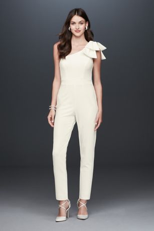 Crepe One Shoulder Tapered Jumpsuit with Bow David s Bridal