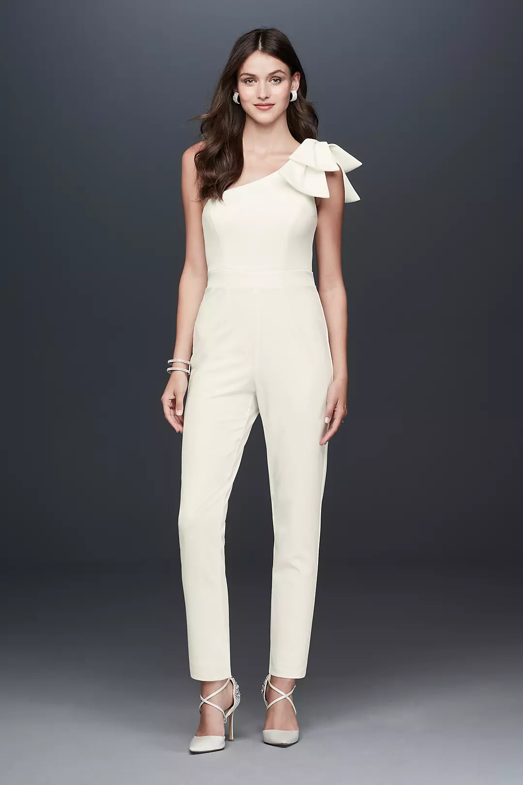 Crepe One Shoulder Tapered Jumpsuit with Bow Image 1