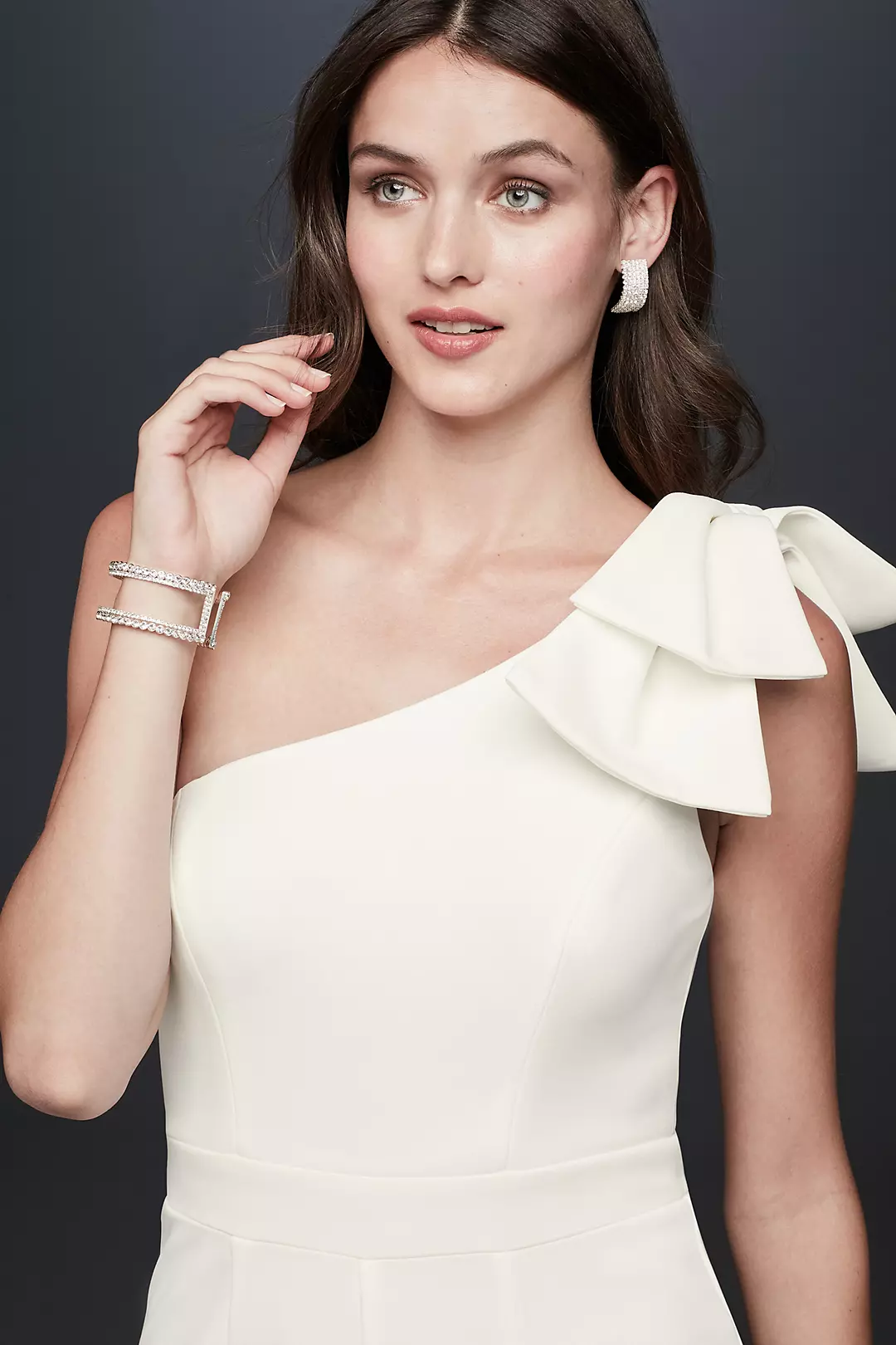 Crepe One Shoulder Tapered Jumpsuit with Bow | David's Bridal