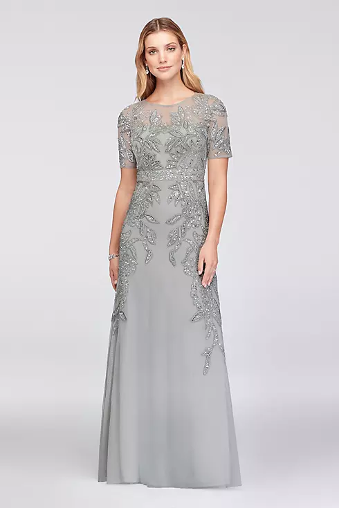 Vine-Beaded Mesh Gown with Elbow-Length Sleeves Image 1
