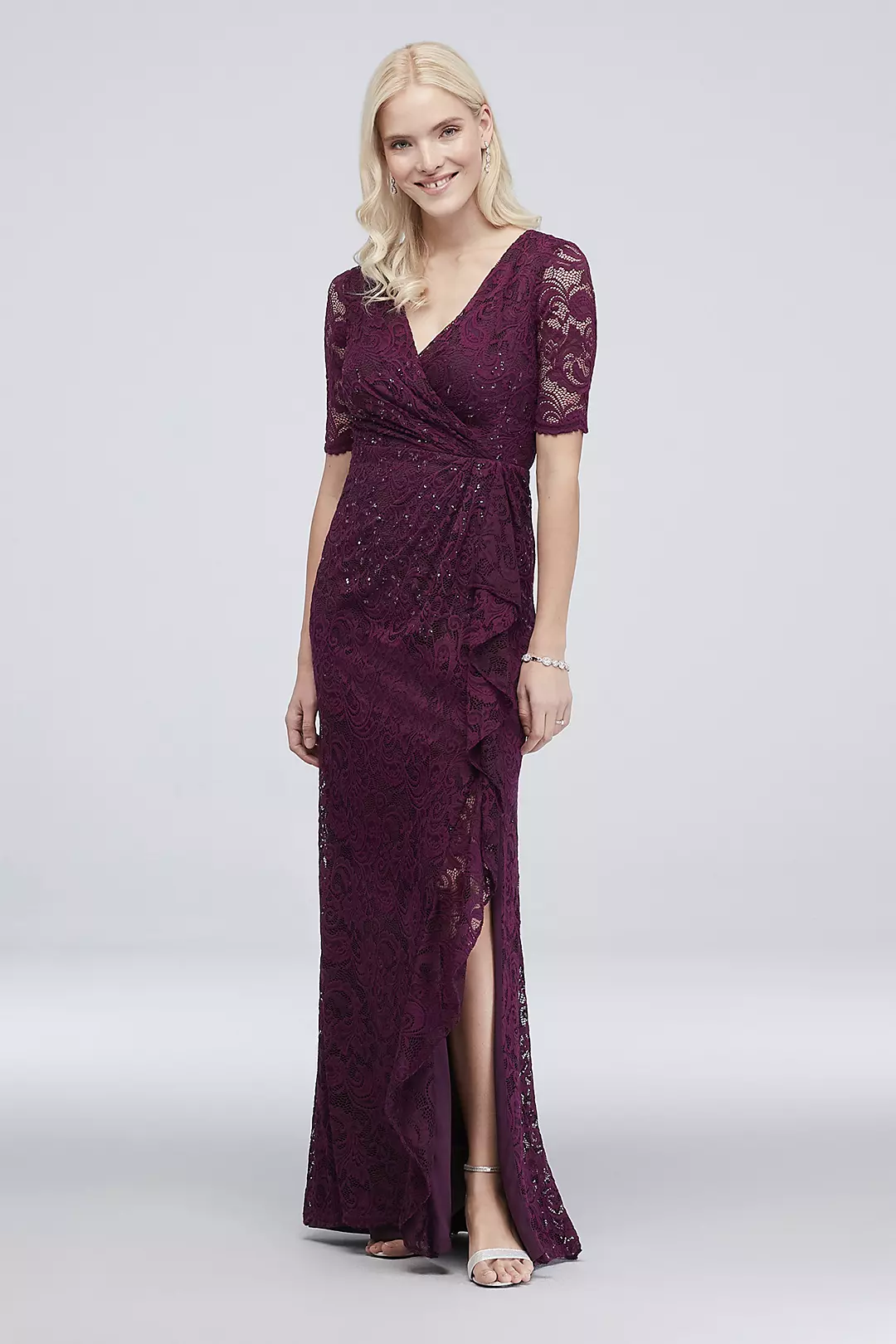 Sequin Lace 3/4 Sleeve Sheath Dress with Cascade Image