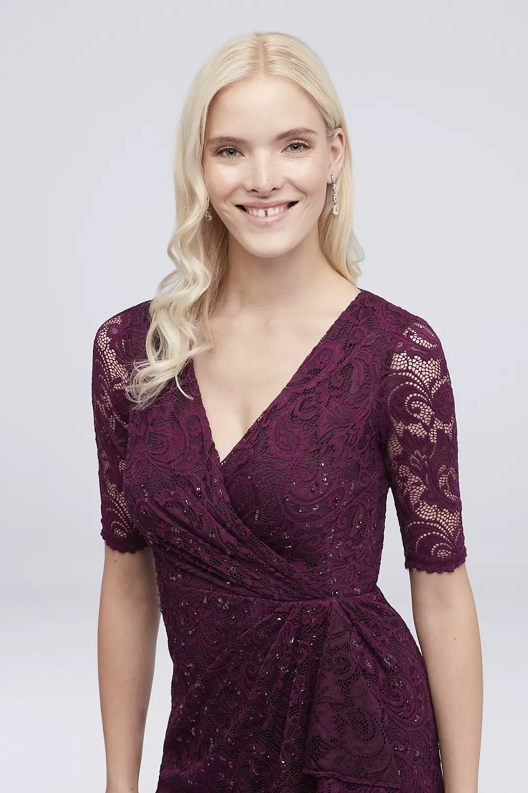 Sequin Lace 3/4 Sleeve Sheath Dress with Cascade Image 3