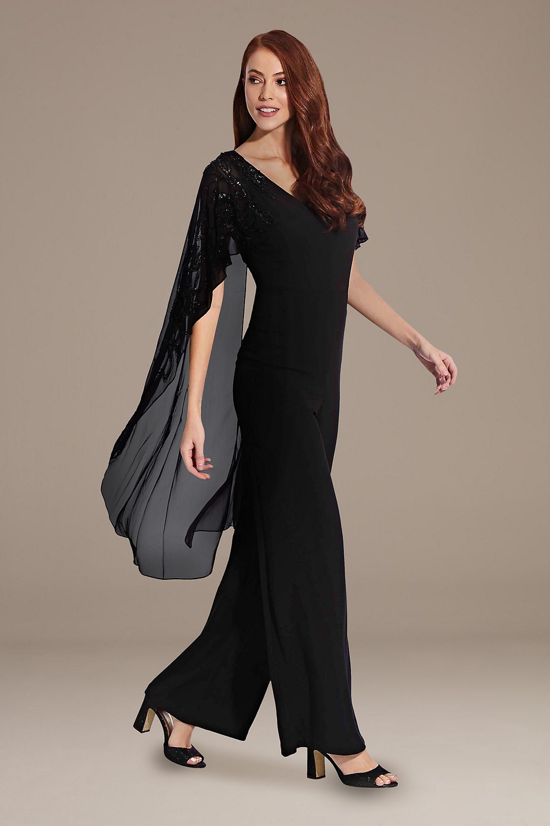 Chiffon and Crepe Jumpsuit with Beaded Cape Image 3