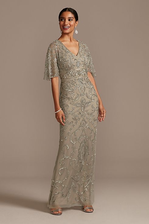 Beaded Mesh Overlay Gown with Flutter Sleeves Image
