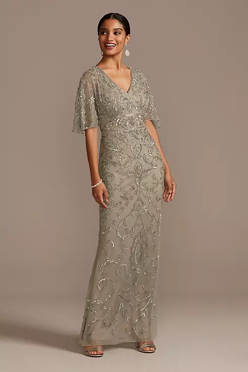 Beaded Mesh Overlay Gown with Flutter Sleeves Image 1