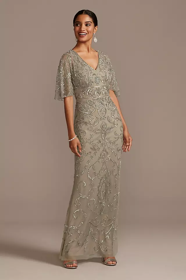 Beaded Mesh Overlay Gown with Flutter Sleeves Image