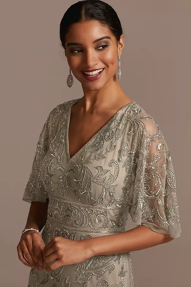Beaded Mesh Overlay Gown with Flutter Sleeves Image 3