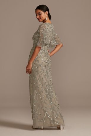 sequin beaded cocktail dress with flutter sleeves and scallop trim