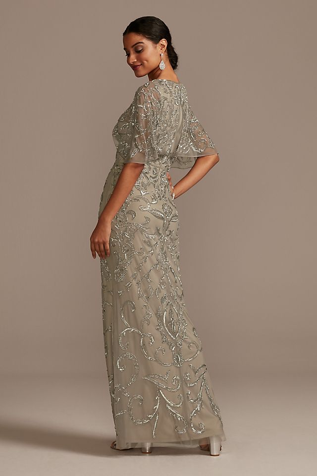 Beaded Mesh Overlay Gown with Flutter Sleeves Image 6