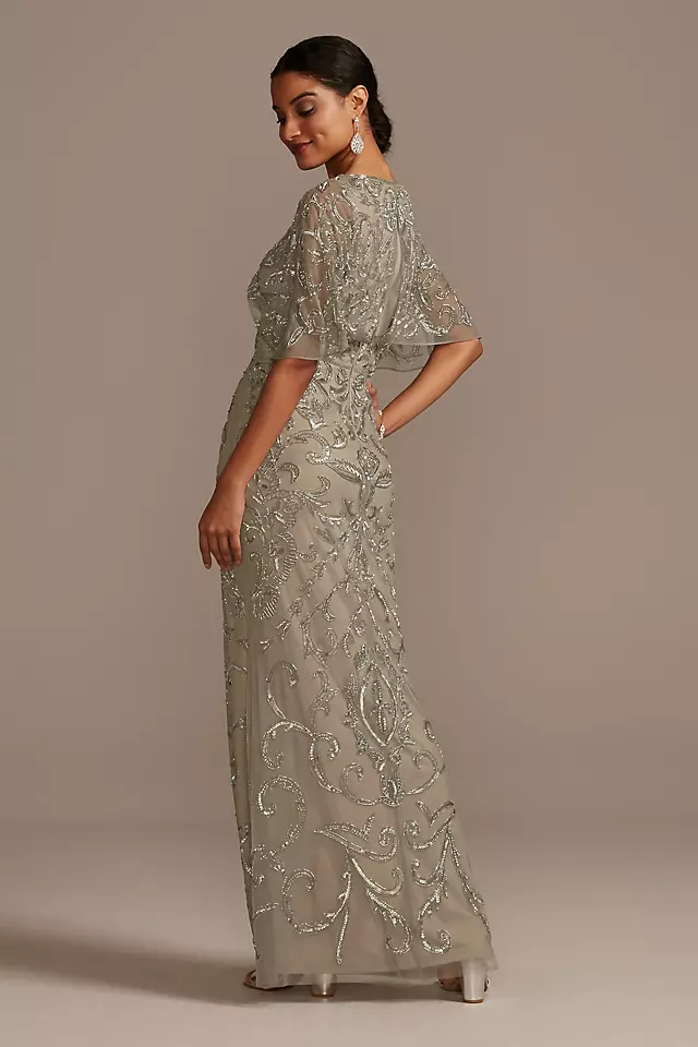 Beaded Mesh Overlay Gown with Flutter Sleeves Image 2