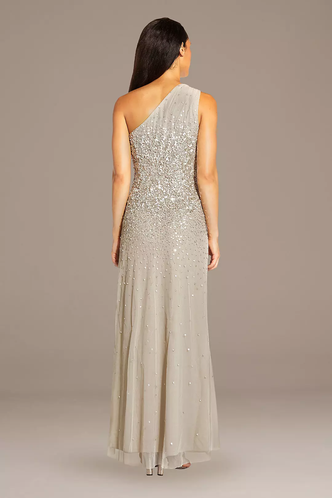 Mesh One-Shoulder Gown with Scattered Sequins Image 2