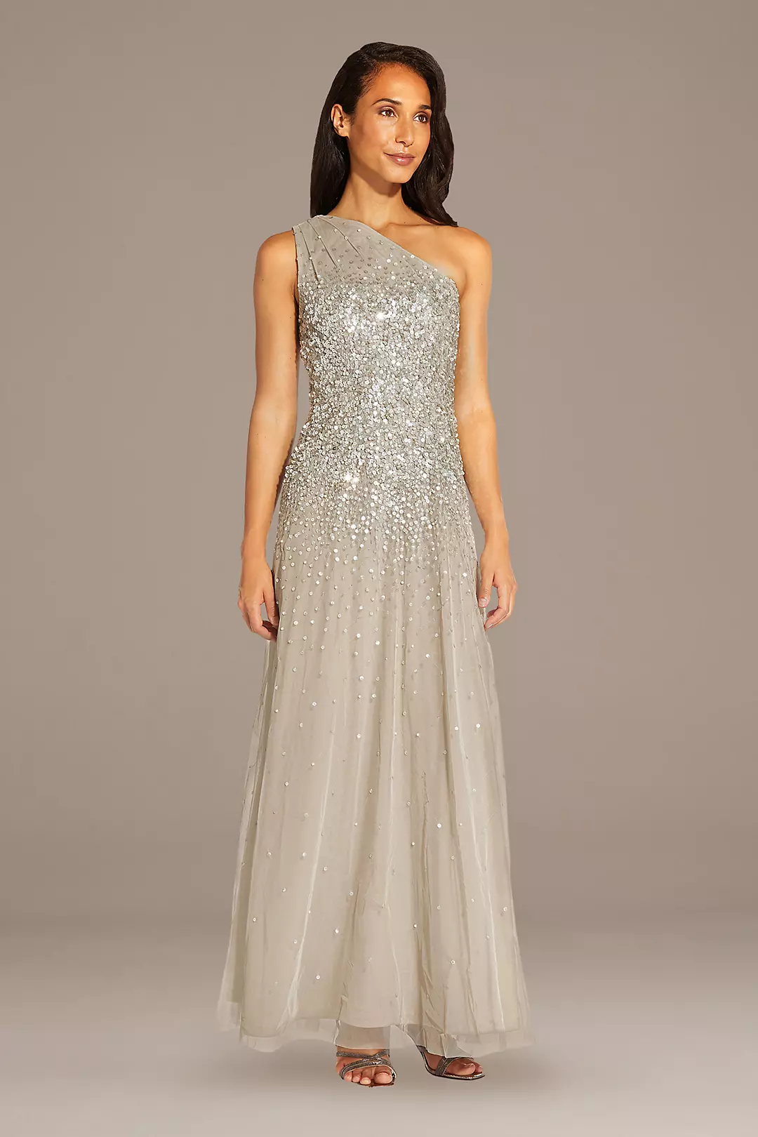 Mesh One-Shoulder Gown with Scattered Sequins Image