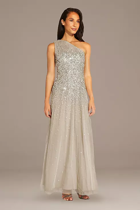 Mesh One-Shoulder Gown with Scattered Sequins Image 1
