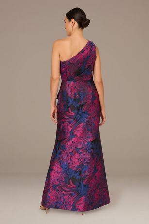 One-Shoulder Ruffled Jacquard Sheath Dress | David's Bridal