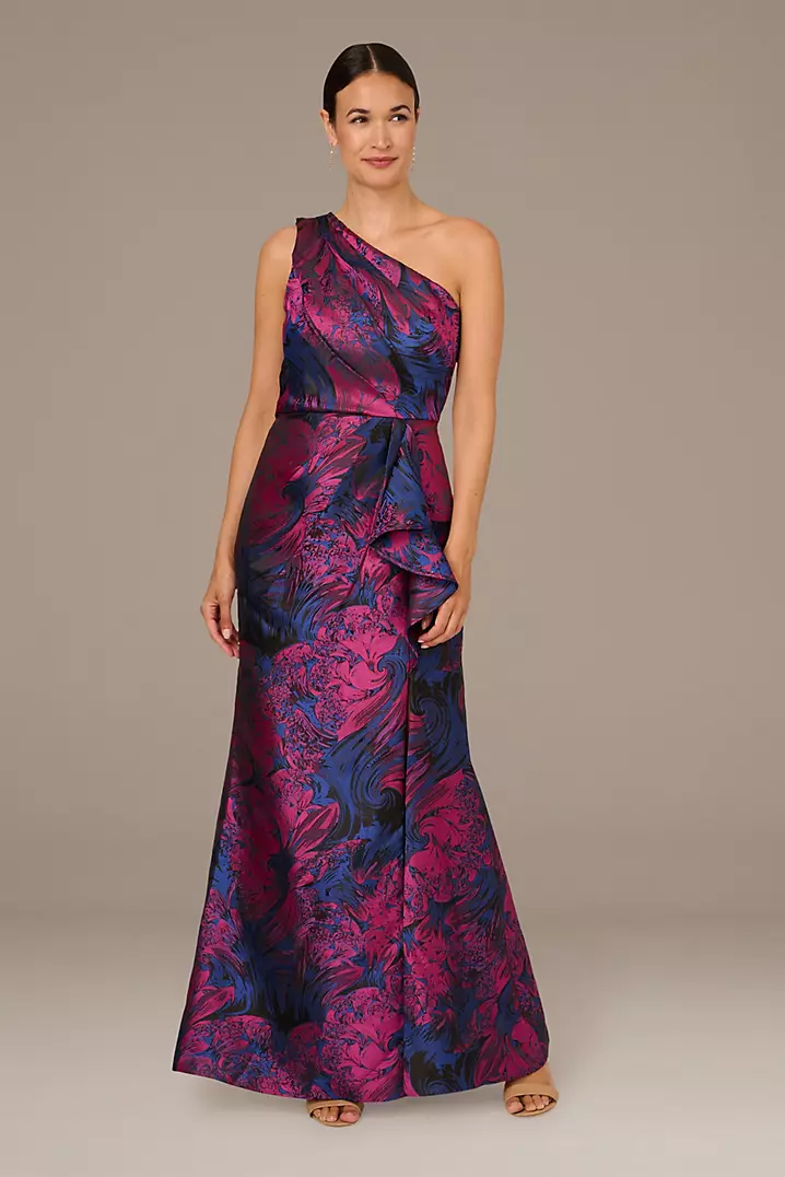 One-Shoulder Ruffled Jacquard Sheath Dress | David's Bridal One-Shoulder Ruffled Jacquard Sheath Dress | David's Bridal
