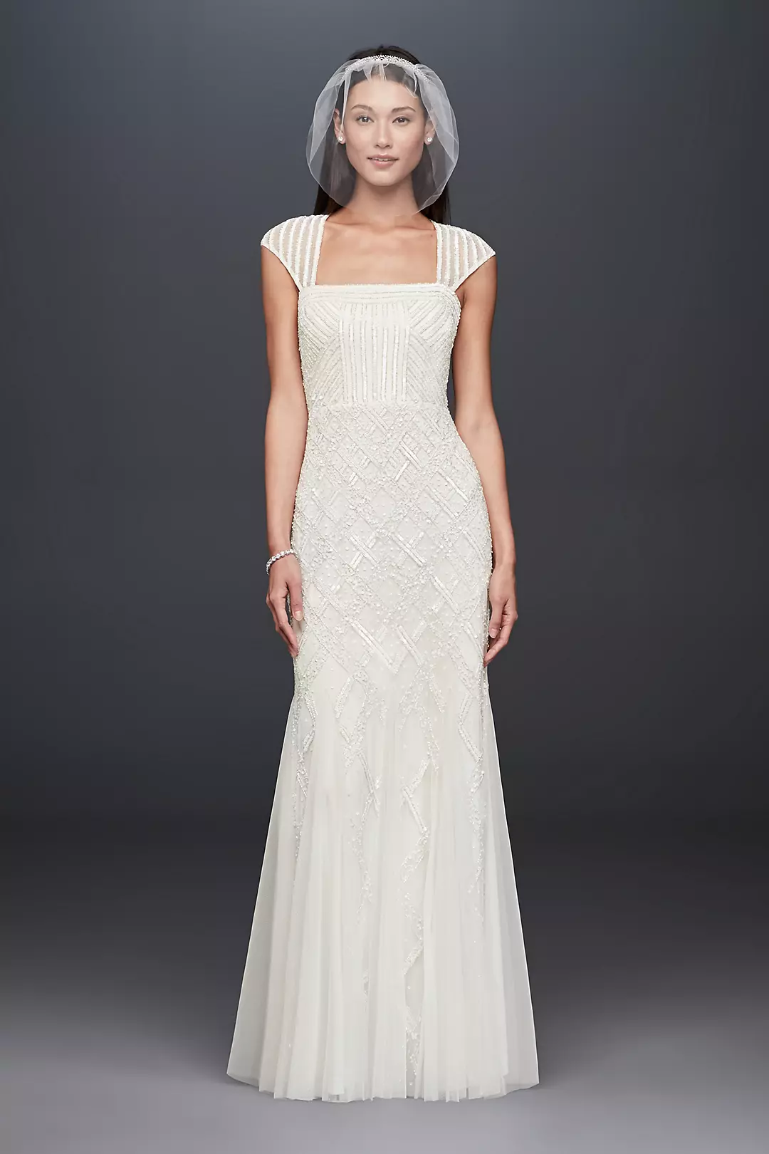 Square-Neck Mesh Sheath Gown with Allover Beading Image
