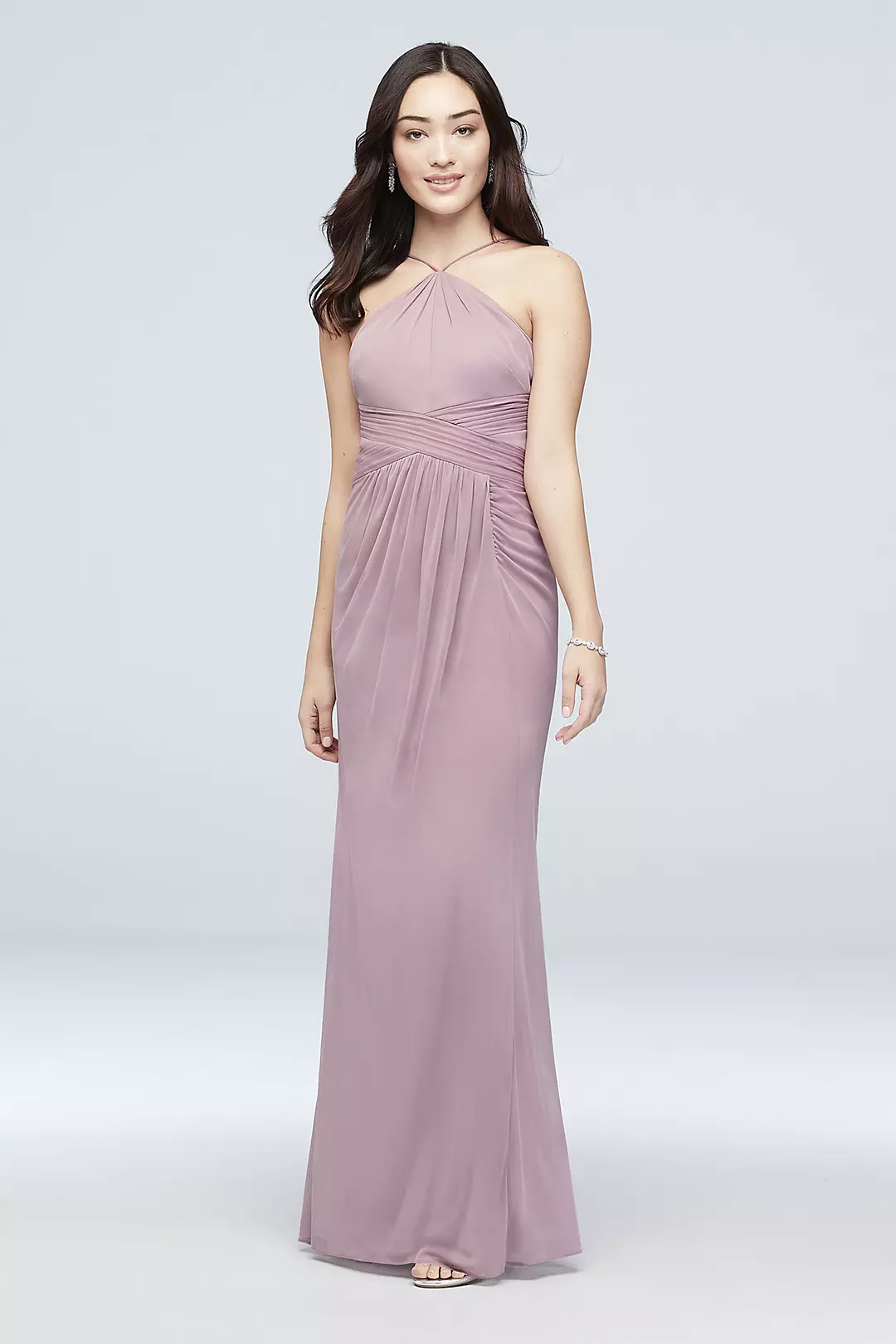 Y-Neck Mesh Bridesmaid Dress with Pleated Waist Image