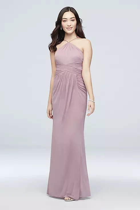 Y-Neck Mesh Bridesmaid Dress with Pleated Waist Image 1
